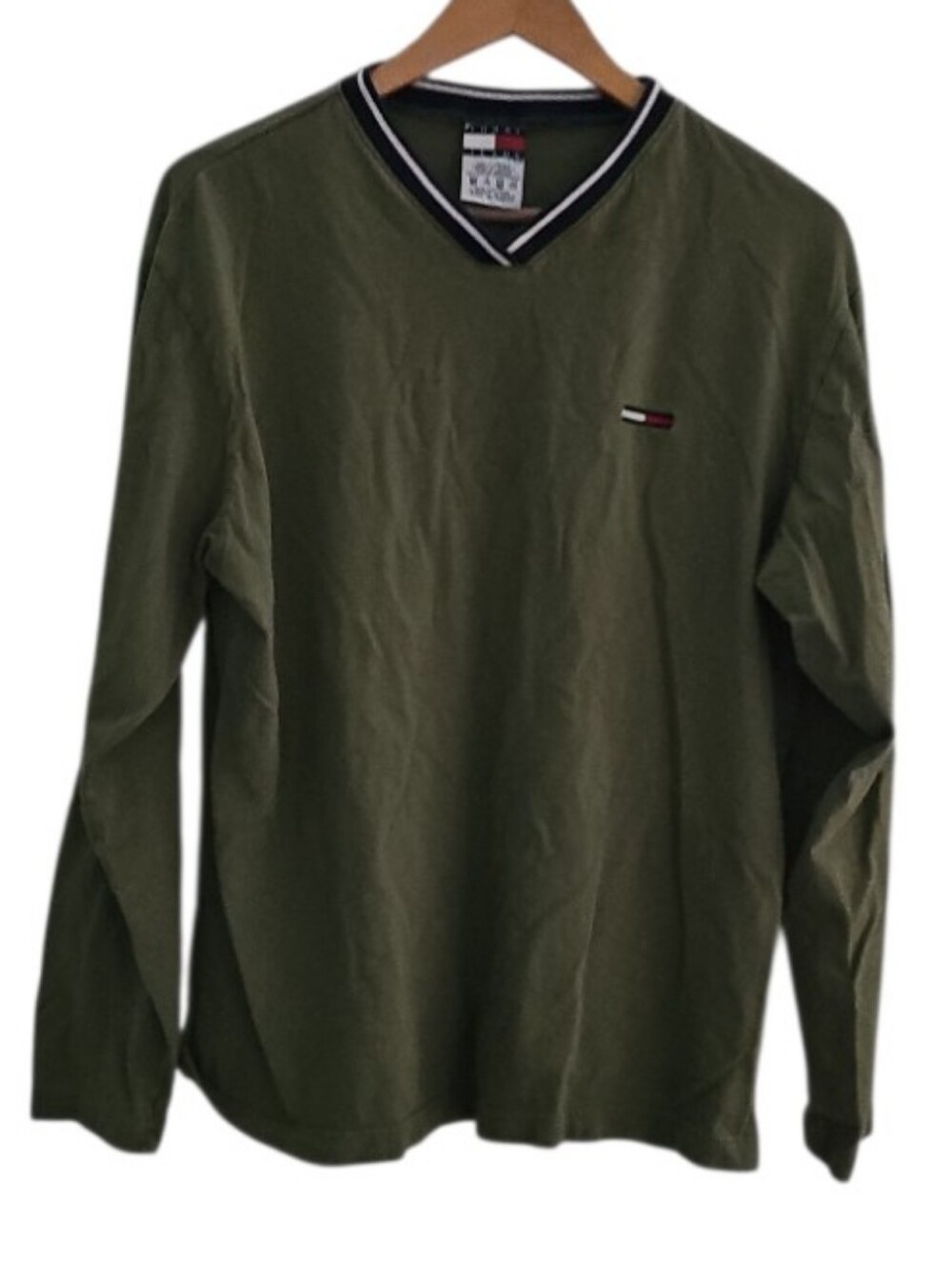 Vintage 90s Tommy Hilfiger Jeans V Neck Shirt Men L Olive Green Flag Logo Cotton